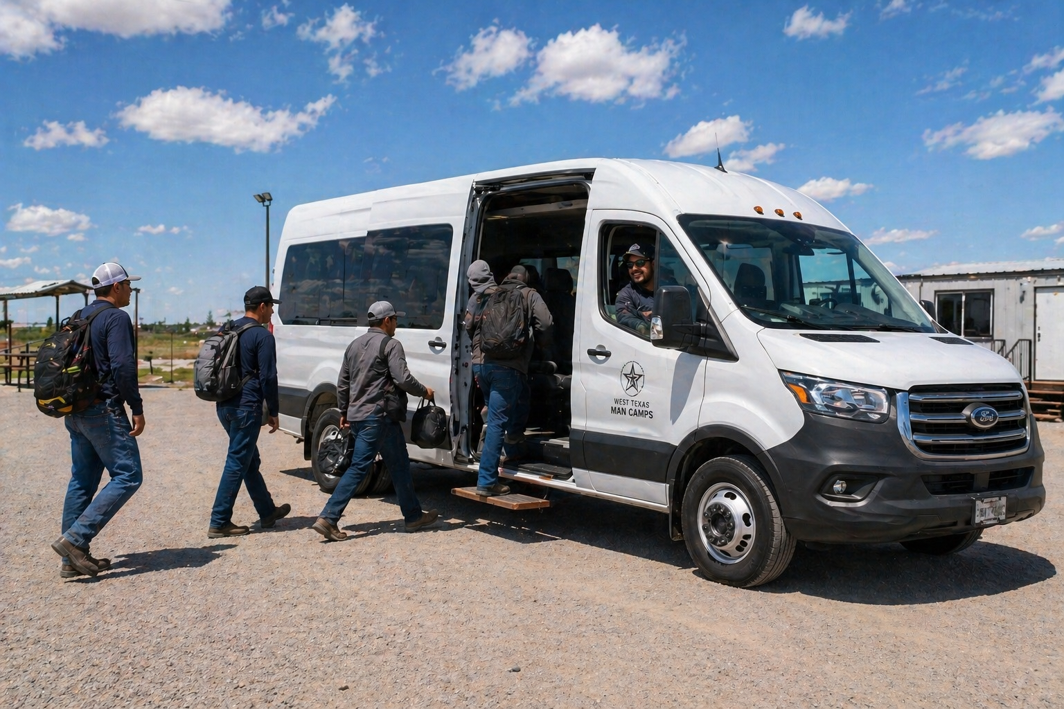 Workers boarding a West Texas Man Camps 15-passenger transport van